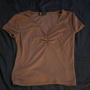 YMI Brown Ruched V-Neck Tee